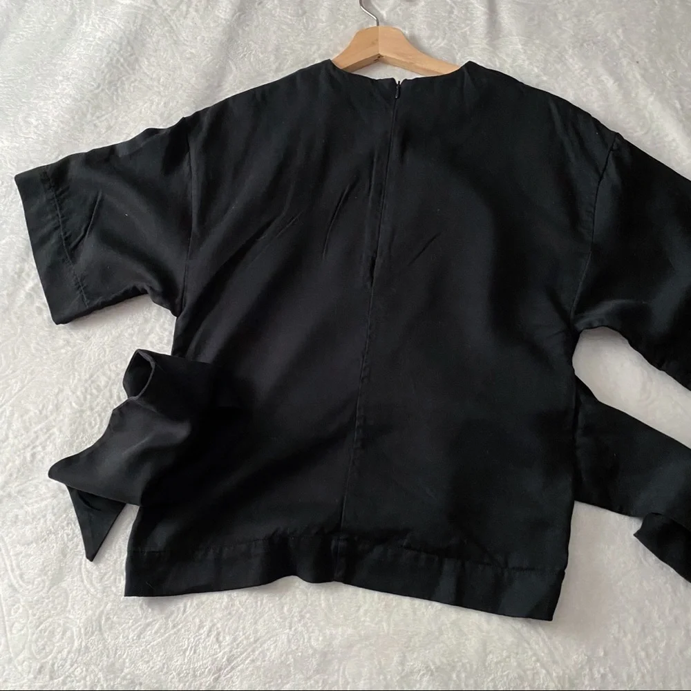 Black Tied Waist Wide Sleeve Blouse